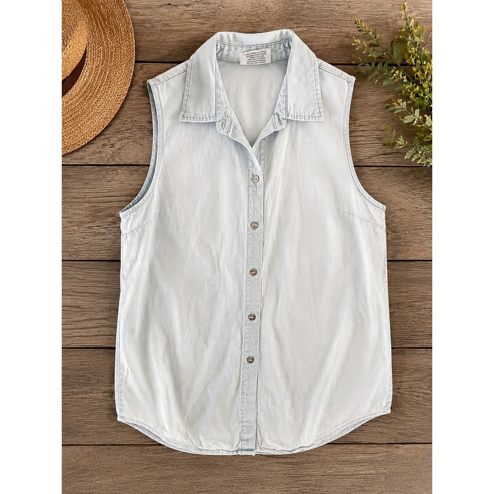 Crystal Springs Vintage Light Wash Denim Sleeveless Button Down Shirt Womens M